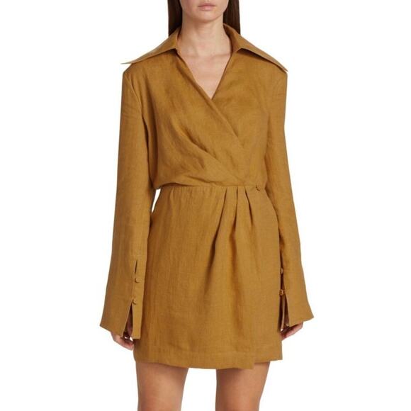 Nanushka Esma Linen Mini Dress Size XS Camel Long Sleeve Quiet Luxury Neutral - Picture 3 of 13